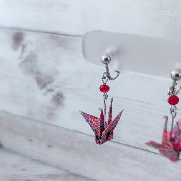 Vintage Clip On Earrings Origami Crane Dangle Earrings - Picture 14 of 15